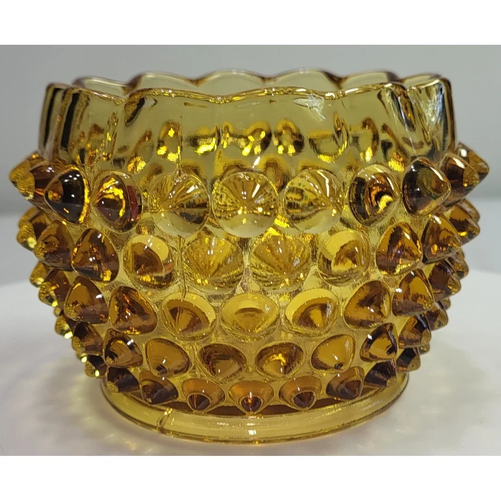 Hobnail Amber Glass Votive Candle Holder Dish Vintage MCM Scalloped‎ Edge